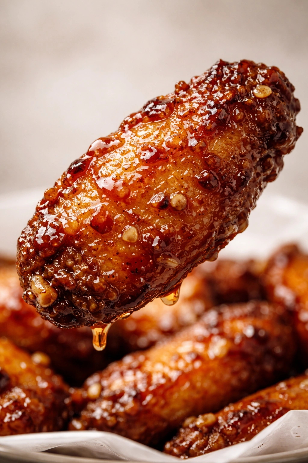 Close-up of a crispy wing skin with glossy glaze