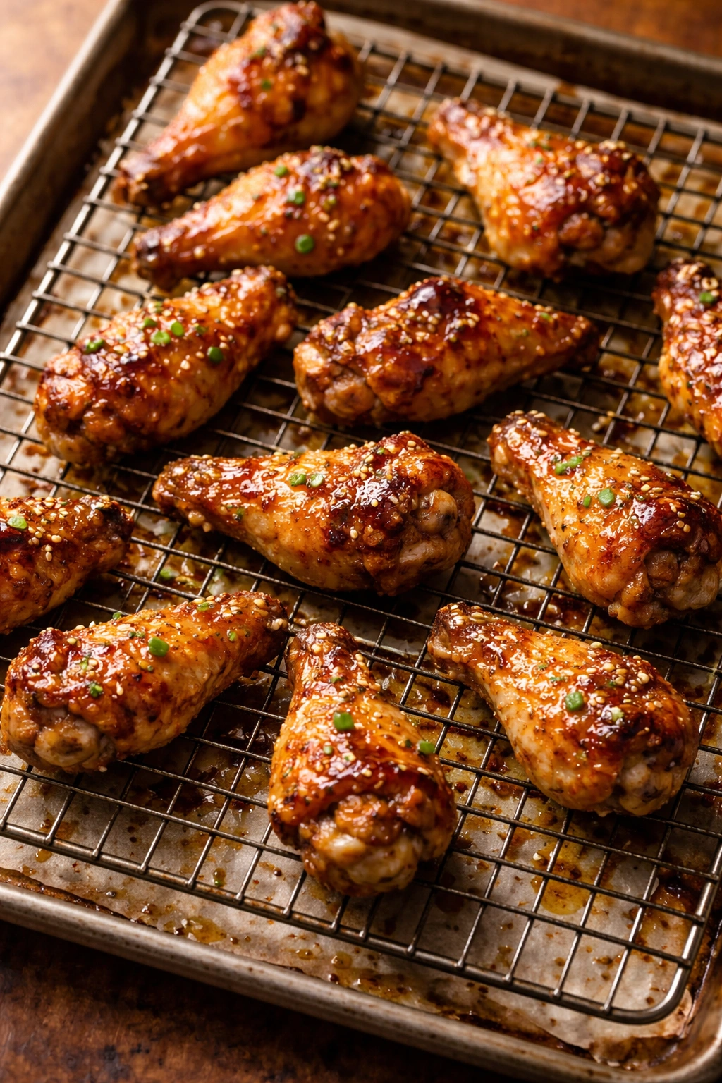 Close-up of crispy baked chicken wings on a wire rack with parchment, golden skin