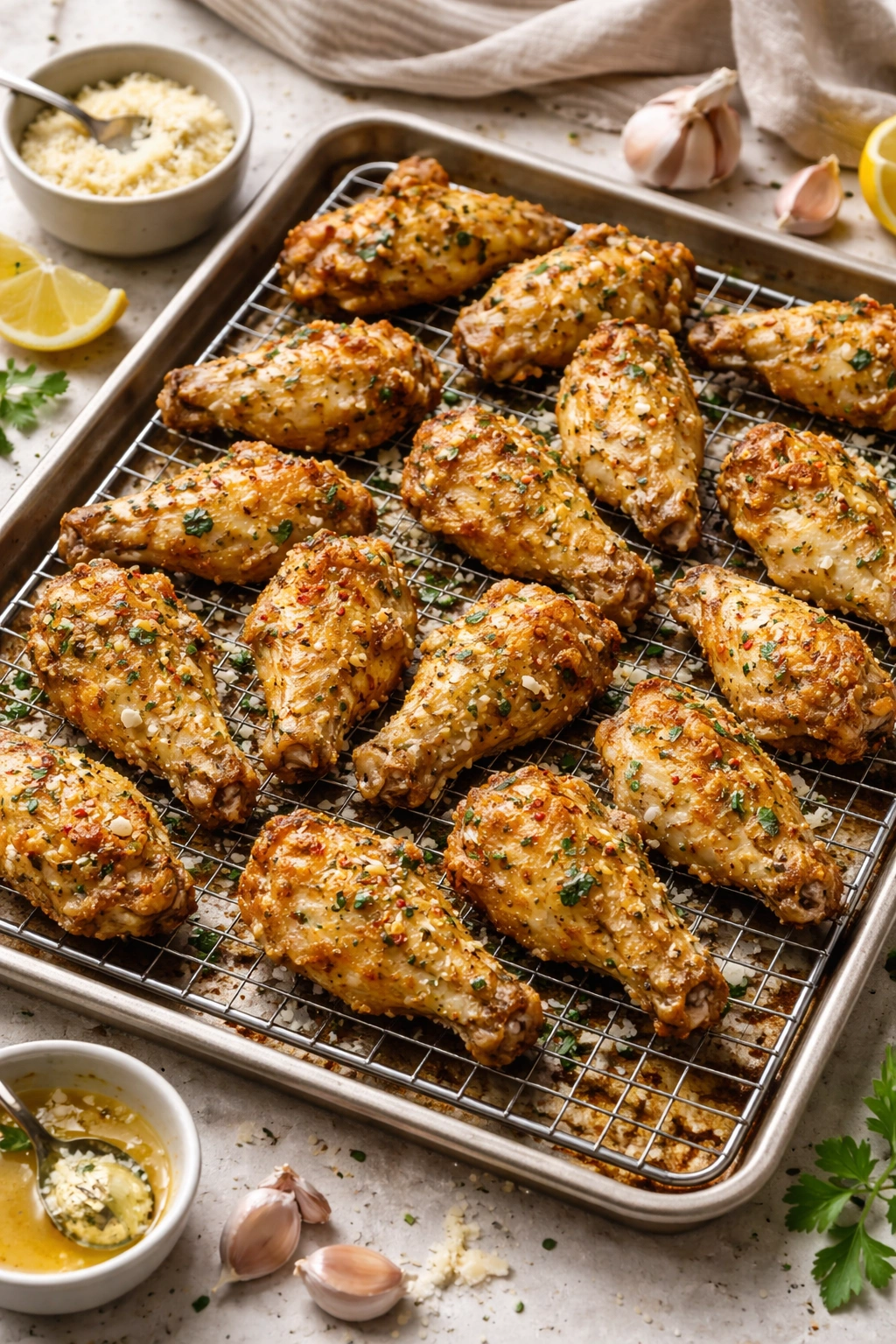 Wings on a wire rack over a baking sheet with crispy skin