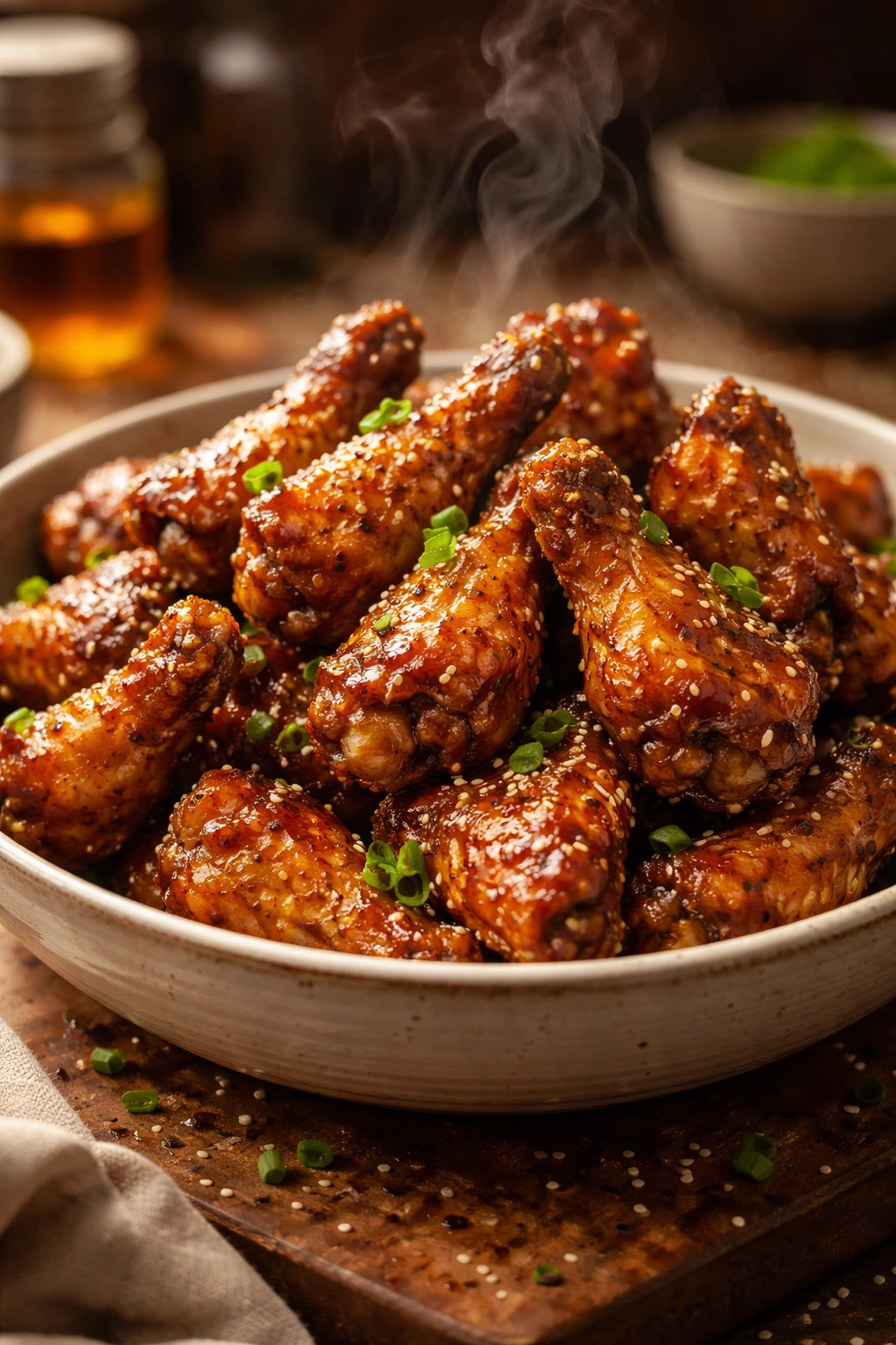Crispy honey garlic wings with glossy glaze