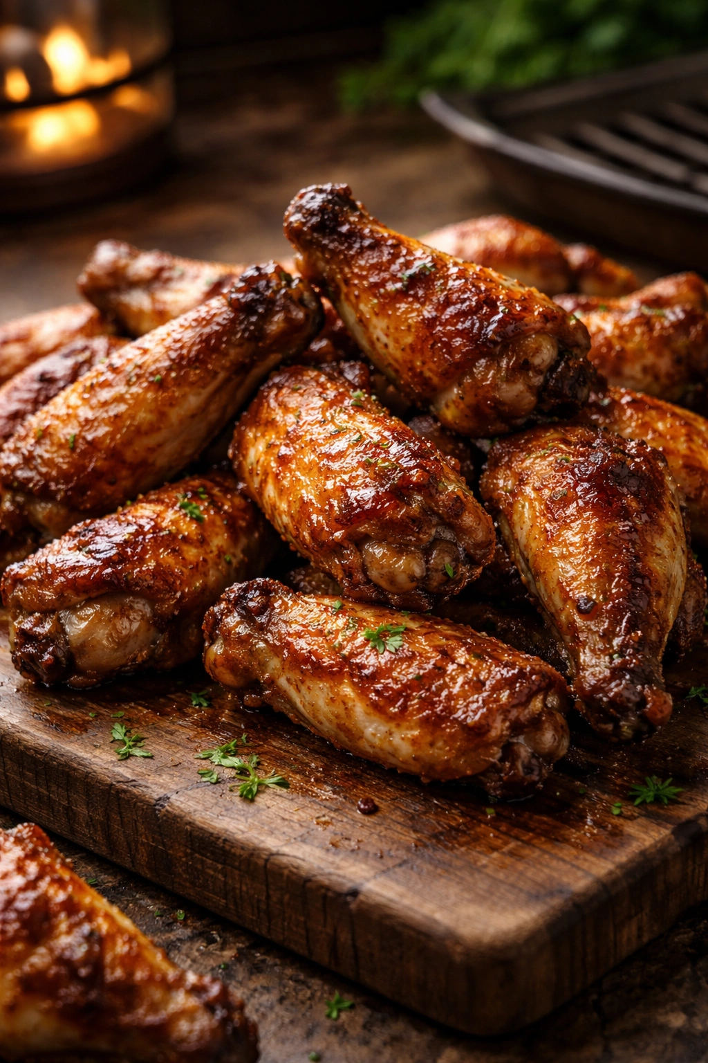Close-up of crispy grilled chicken wings on a wooden board with glossy skin and browned tips