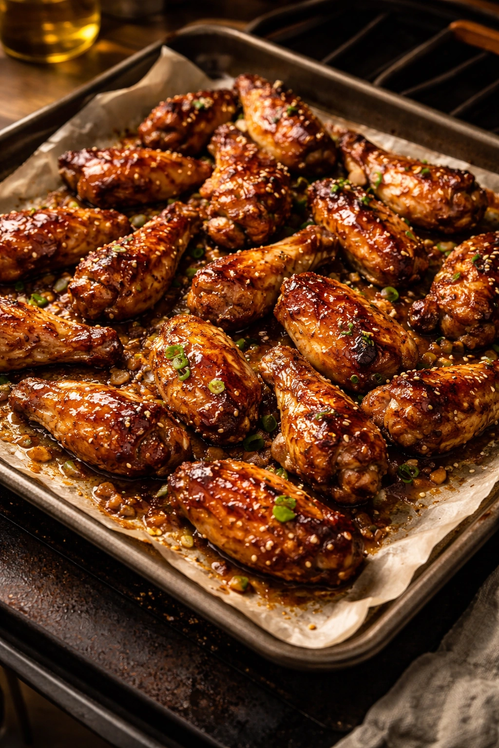 Close-up of crispy glazed chicken wings on parchment-lined baking sheet