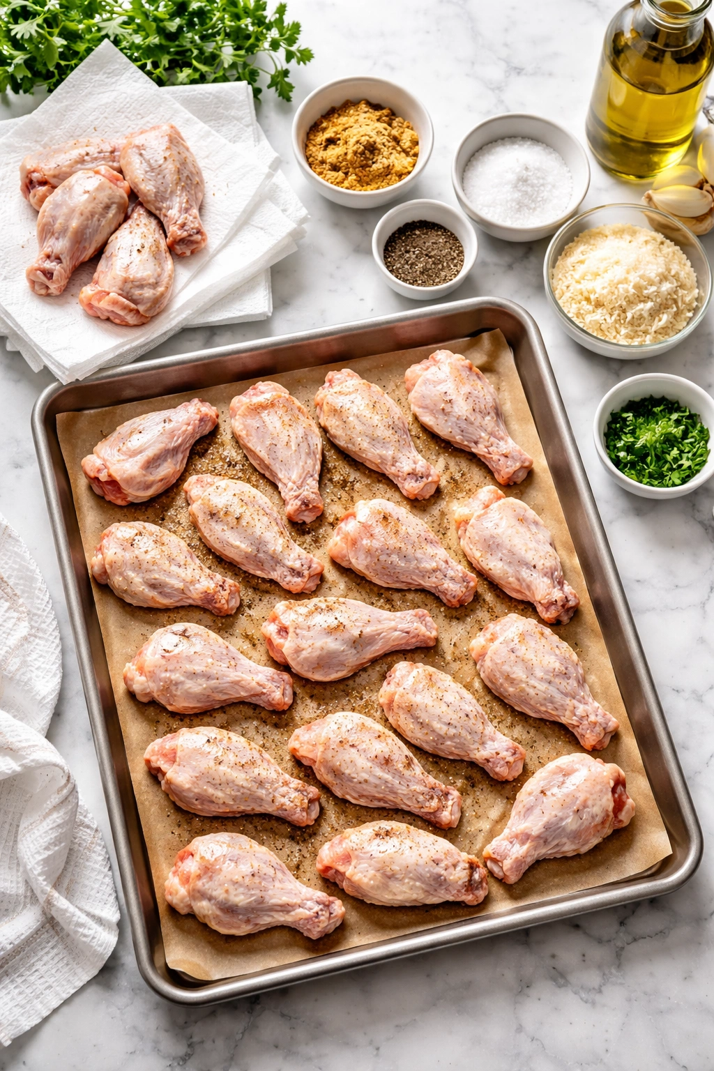 Wings laid out on a tray with paper towels ready for drying
