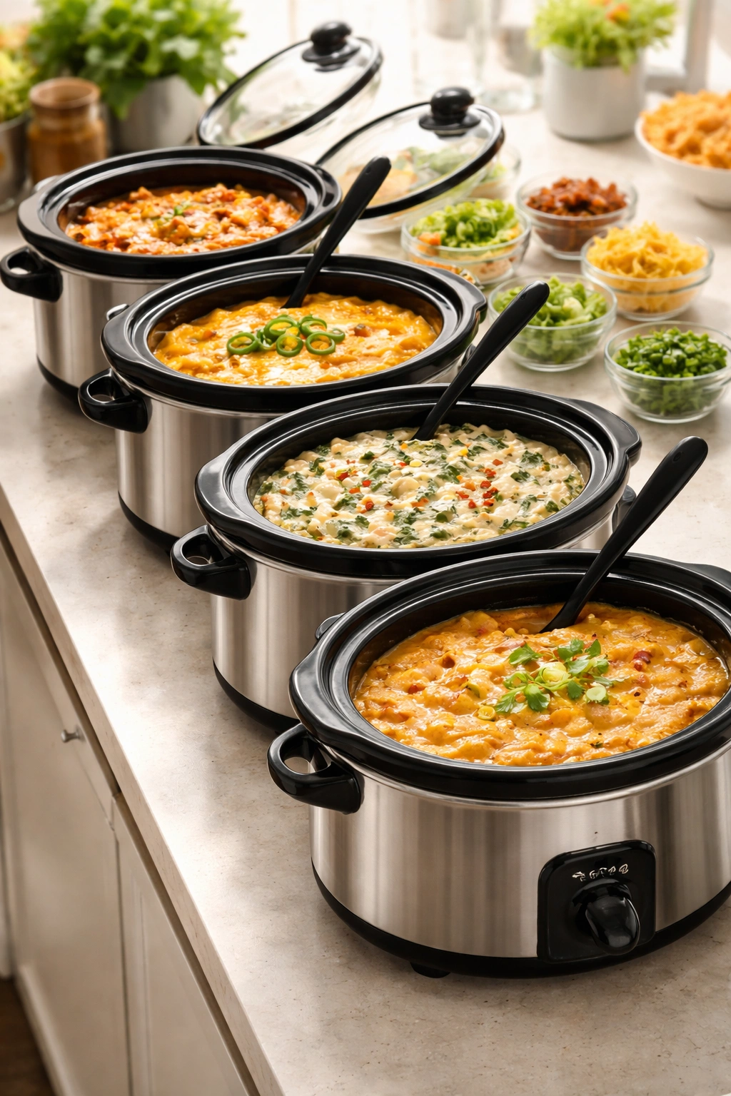 Row of crock pots on a buffet table ready to serve dips