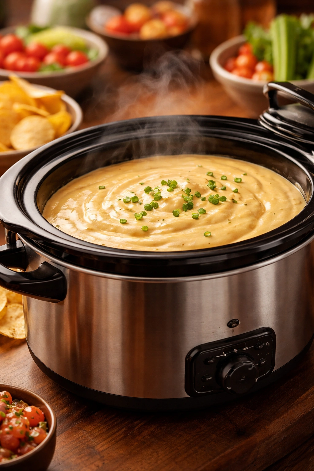 Close-up of a crock pot with creamy cheese dip on a wooden counter