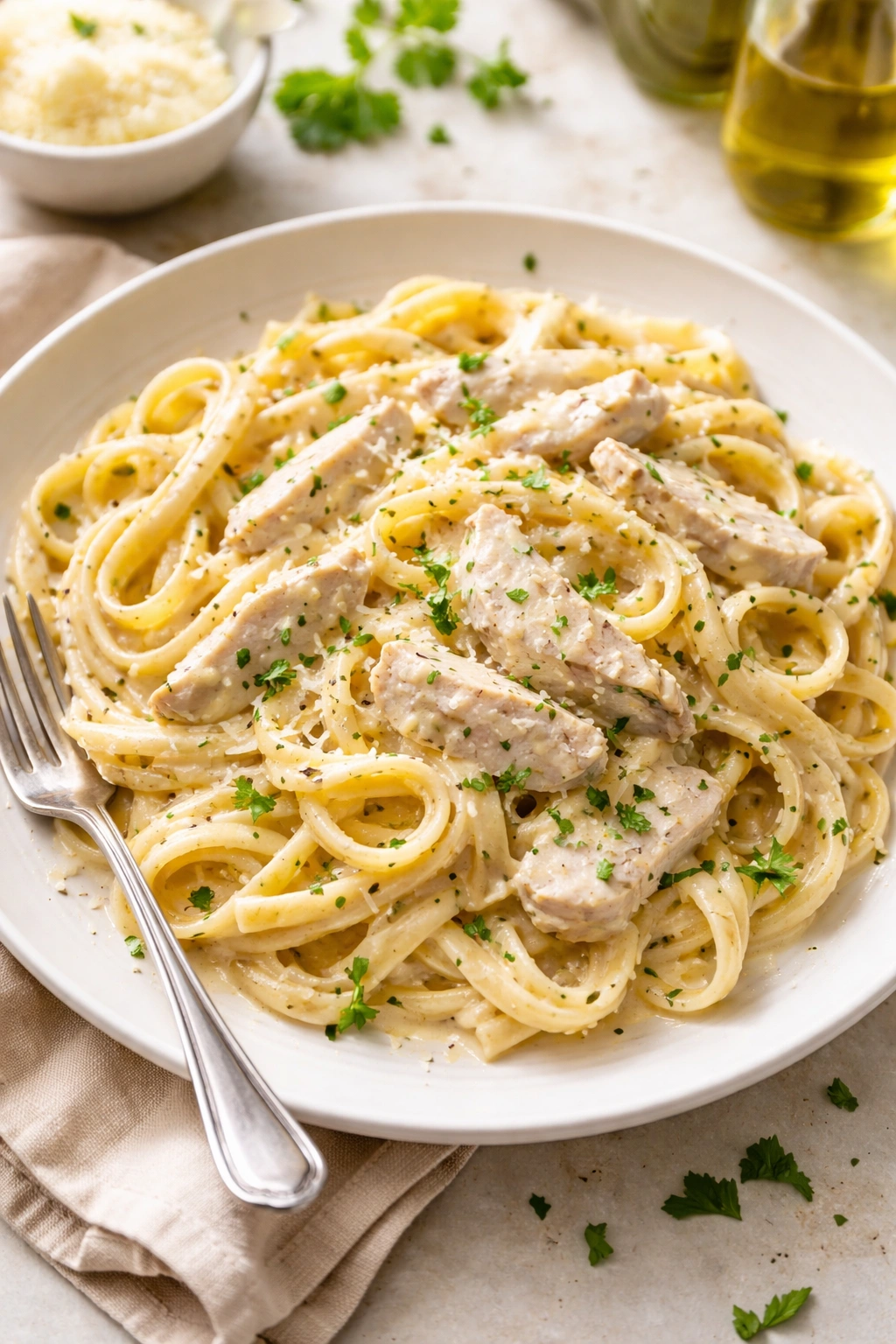 Creamy chicken Alfredo with pasta on a plate