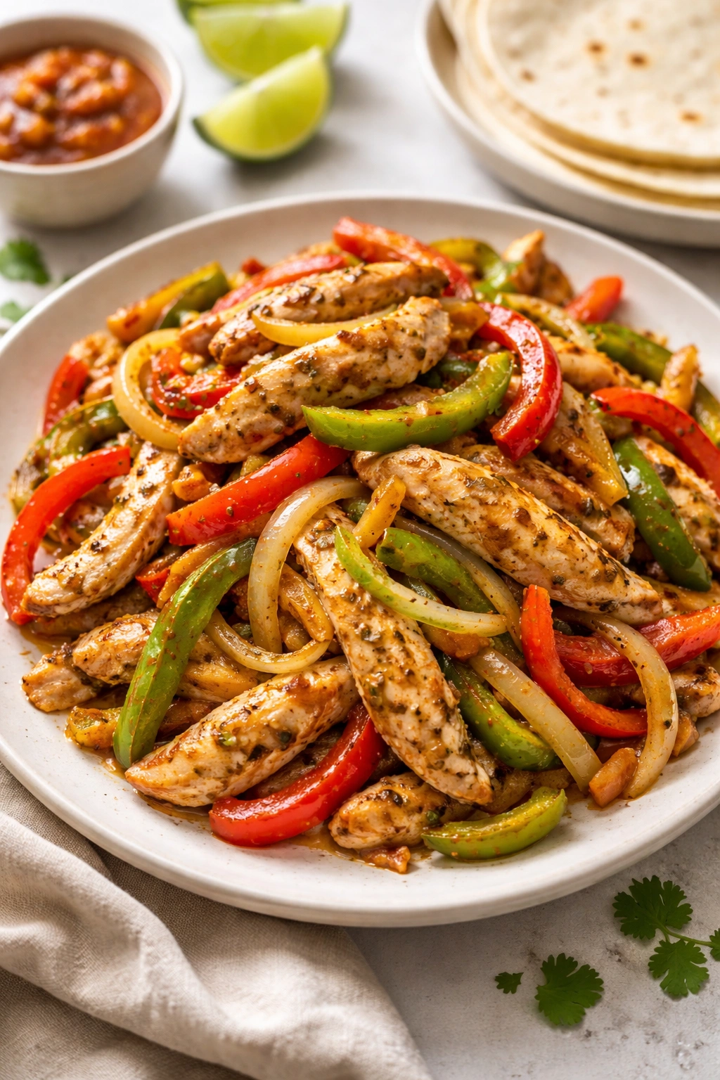 Chicken fajitas with peppers and onions on a plate