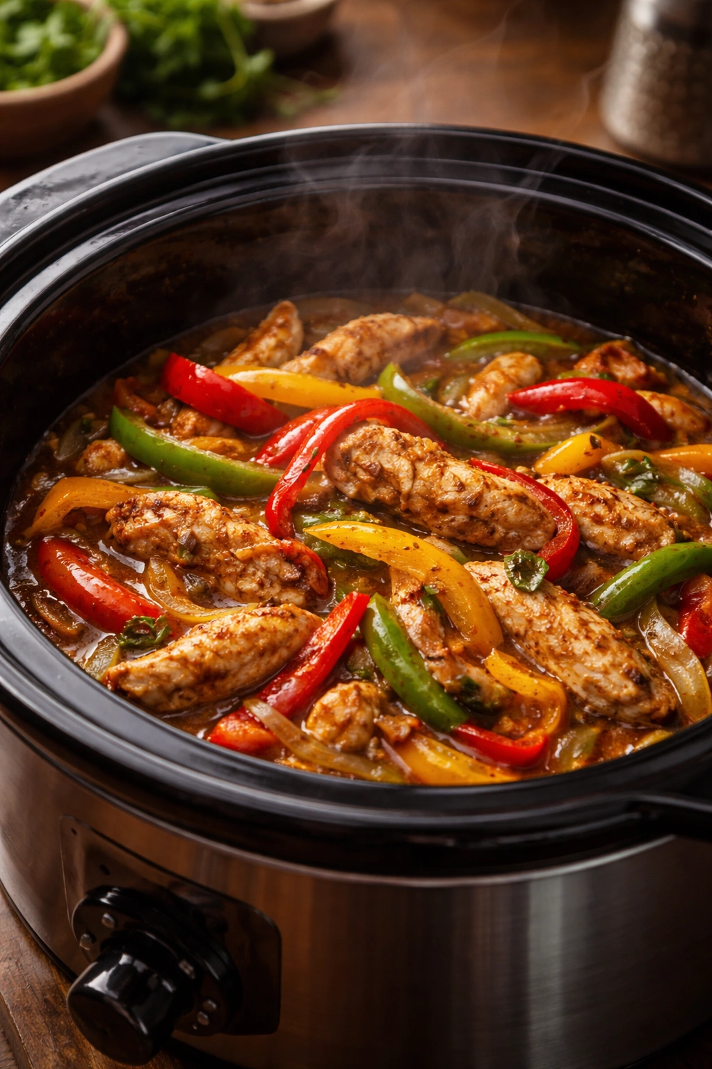 Slow cooker filled with chicken and colorful peppers in a glossy sauce