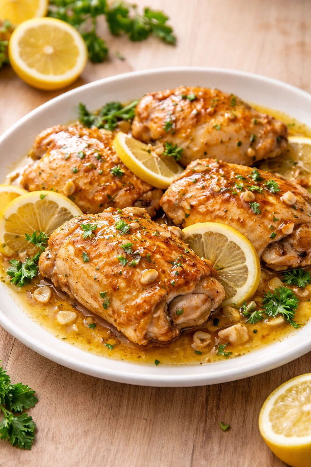 Close-up of lemon-garlic glazed chicken on a white plate with a lemon wedge