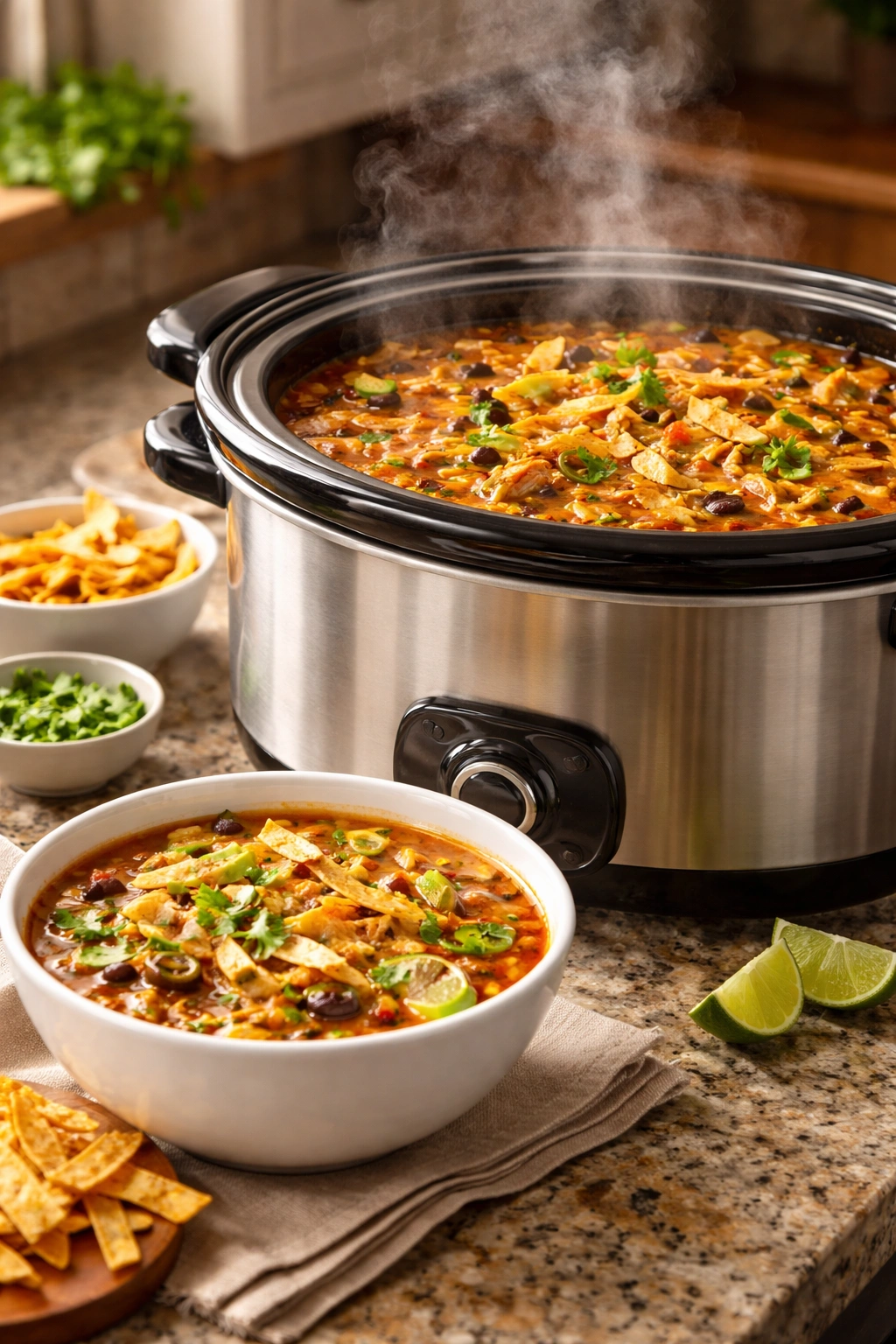 Crock pot and bowl of chicken tortilla soup on a kitchen counter