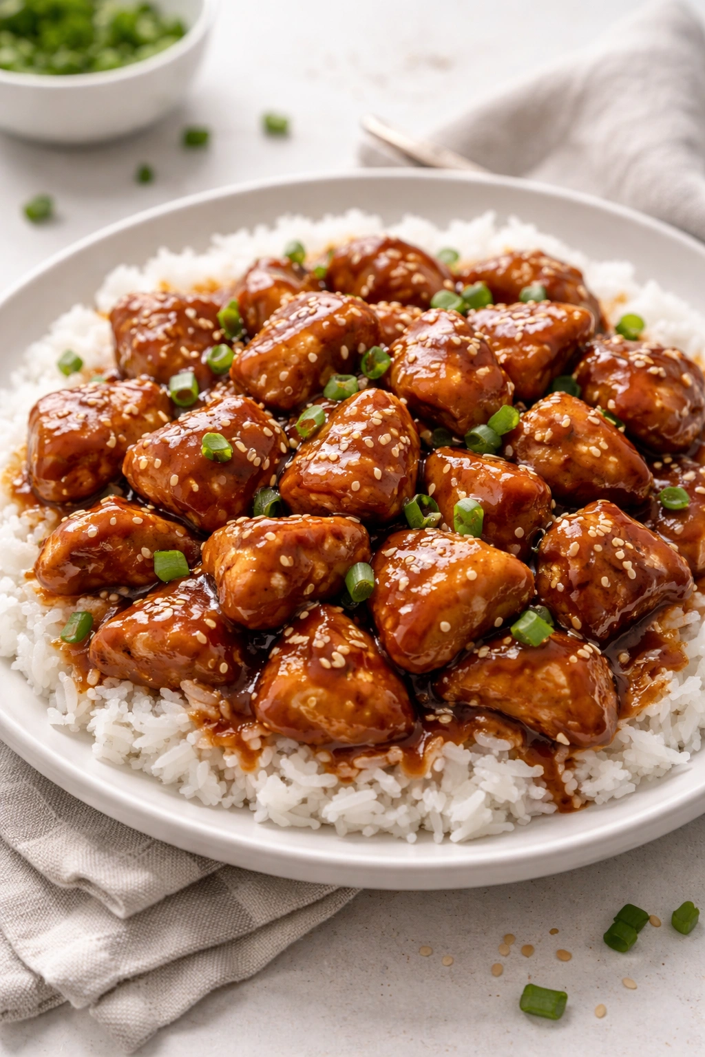 Glazed teriyaki chicken bites with sesame seeds on a plate
