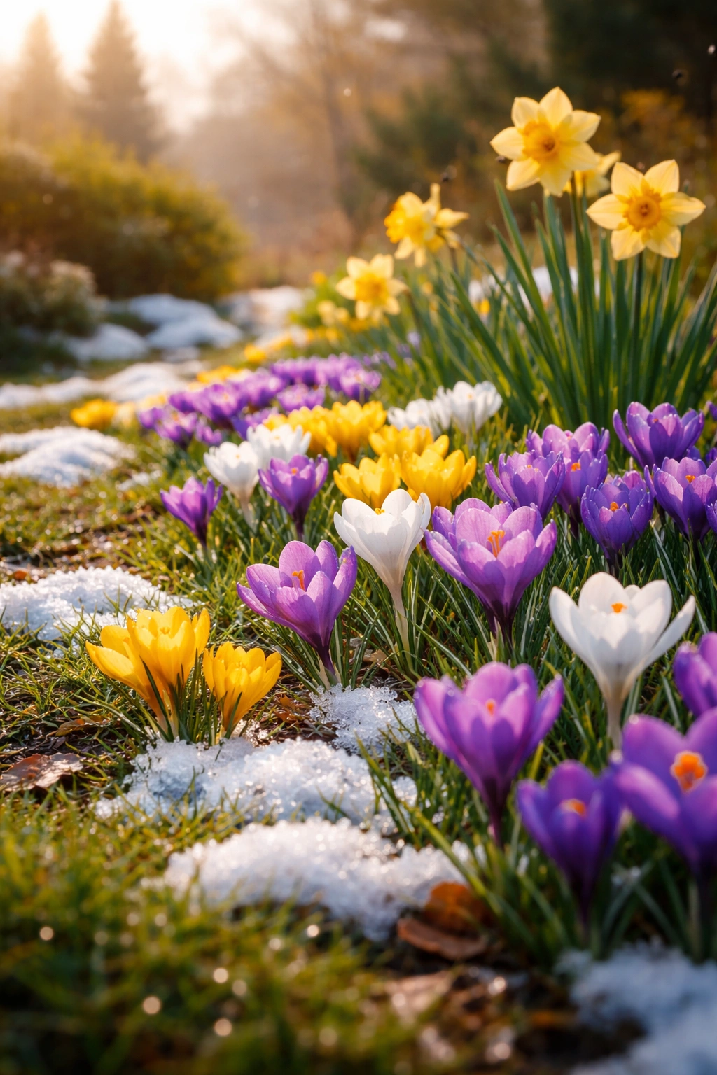 Crocuses and daffodils blooming in early spring color