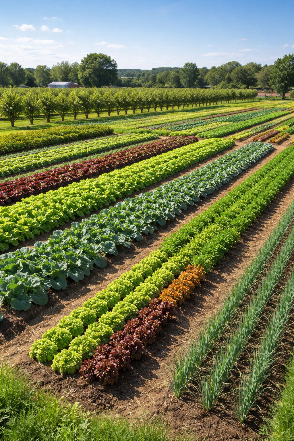 Fields with diverse crop beds showing rotation and succession planting