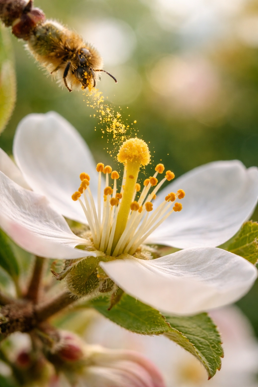 Macro close-up of a flower stigma with pollen grains showing cross-pollination concept