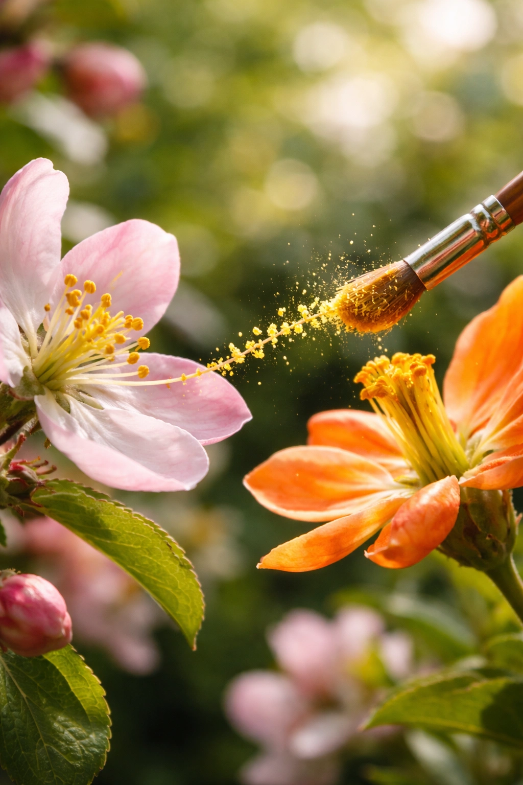 Close-up of pollen transfer between flower stamens and pistil illustrating cross-pollination