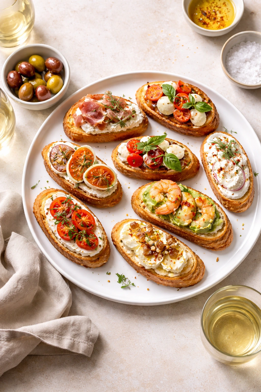 Minimalist crostini platter on a neutral surface