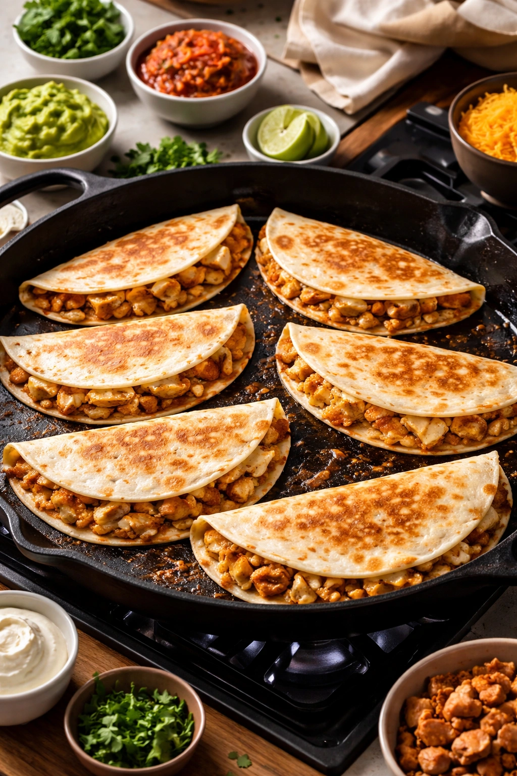 Multiple folded quesadillas cooking in a large skillet with golden edges