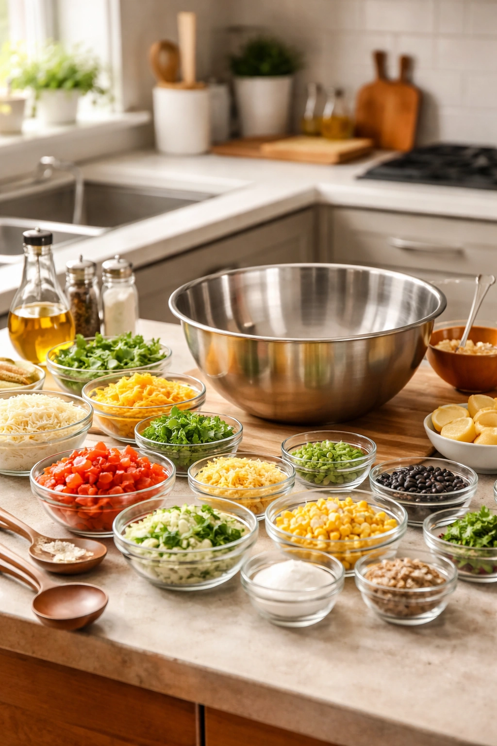 Abstract kitchen planning scene showing scalable crowd-friendly cooking concept with mixing bowl and identical ingredient bowls