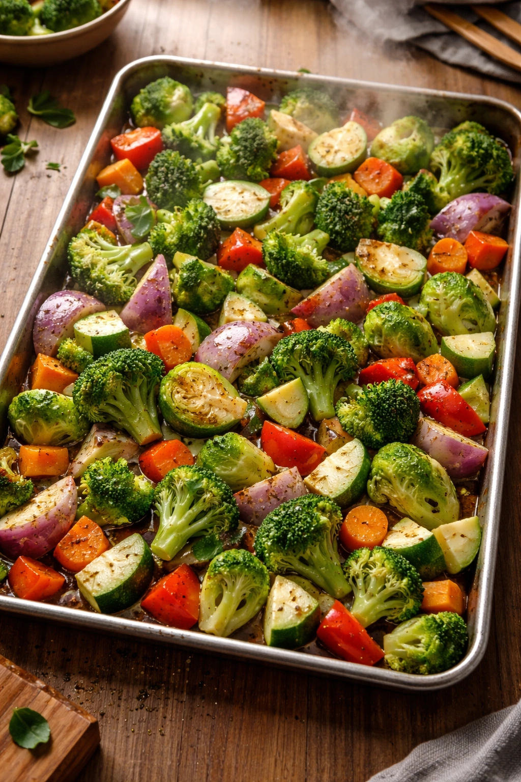 Close-up of a crowded pan with vegetables on a baking sheet, showing limited space between pieces and reduced browning
