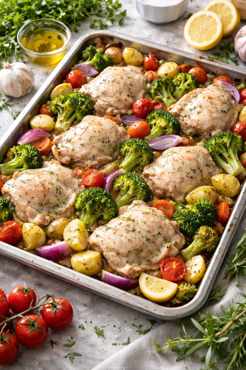 Overcrowded sheet pan showing steaming vegetables and pale chicken skin illustrating mistakes