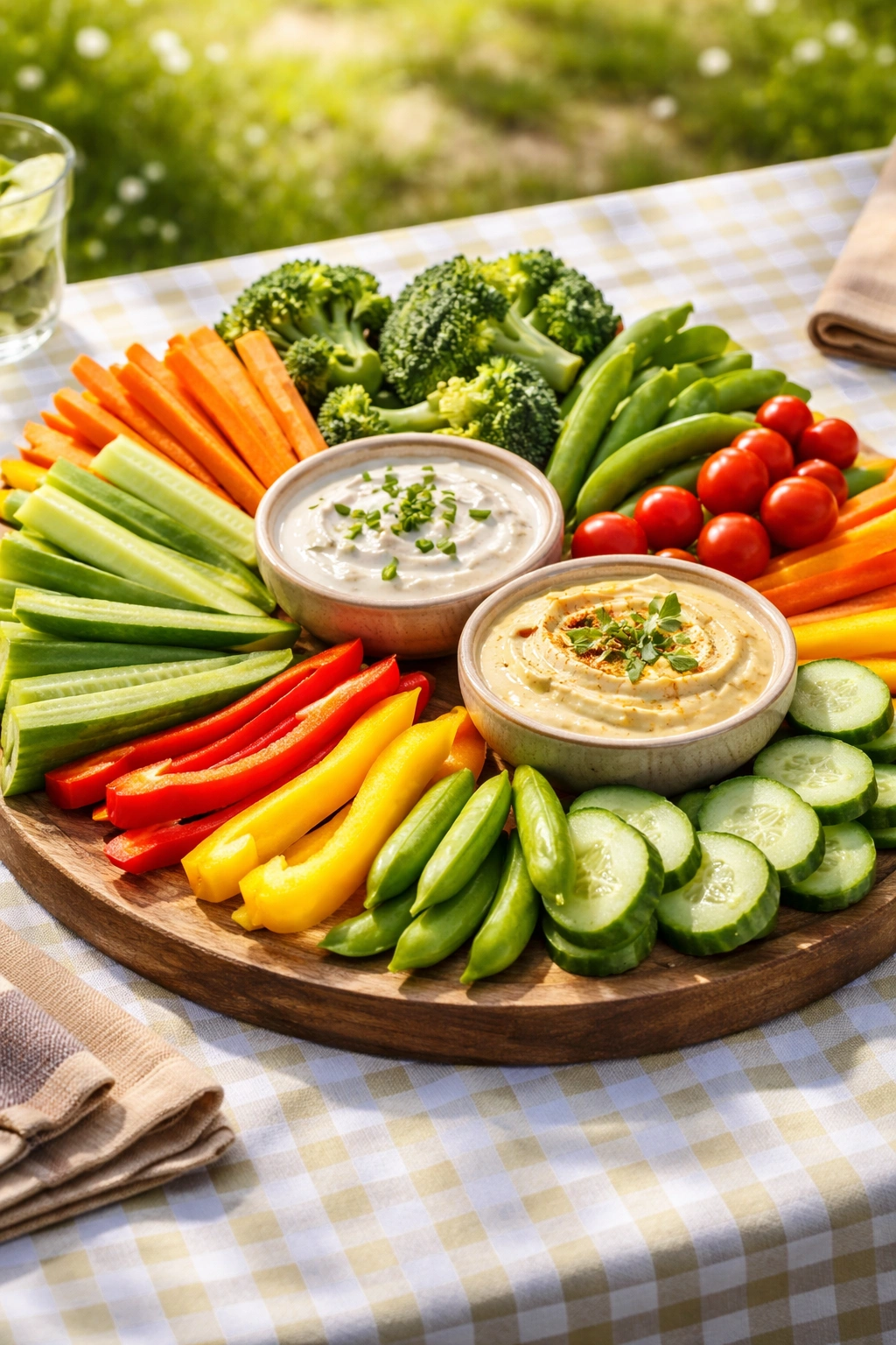 Colorful crudités platter with dips on a wooden board outdoors