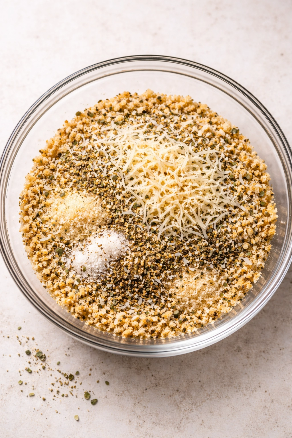 Dry breadcrumb mixture with Parmesan and herbs in bowl