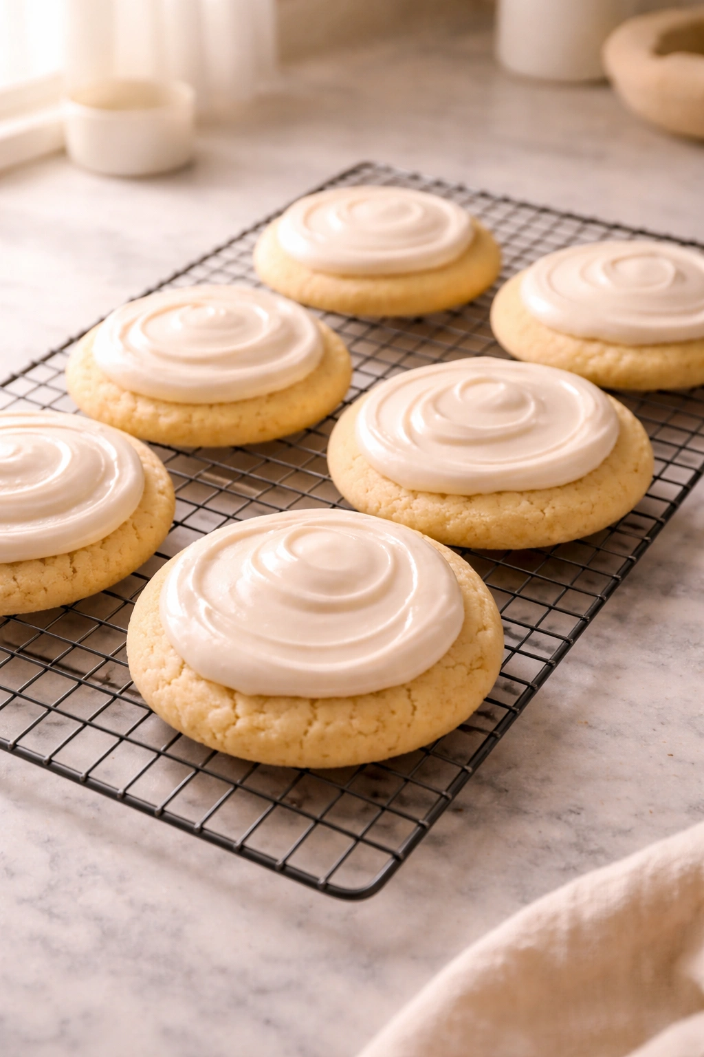 Batch of soft Crumbl-style cookies cooling on a wire rack