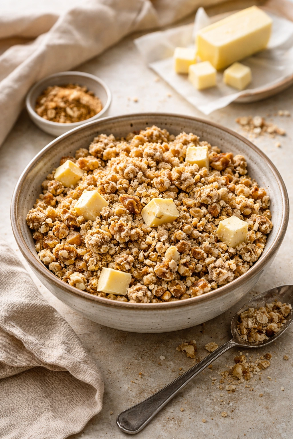 Crumbly crumble topping in a bowl with visible butter and oats