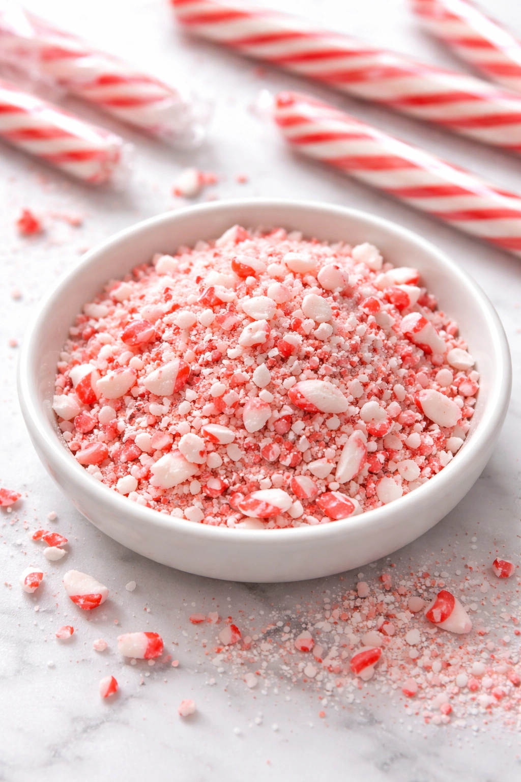 Crushed candy canes with varied sizes for texture in peppermint bark