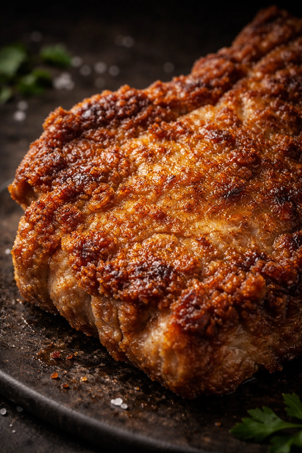 Macro close-up of a perfectly browned pork crust