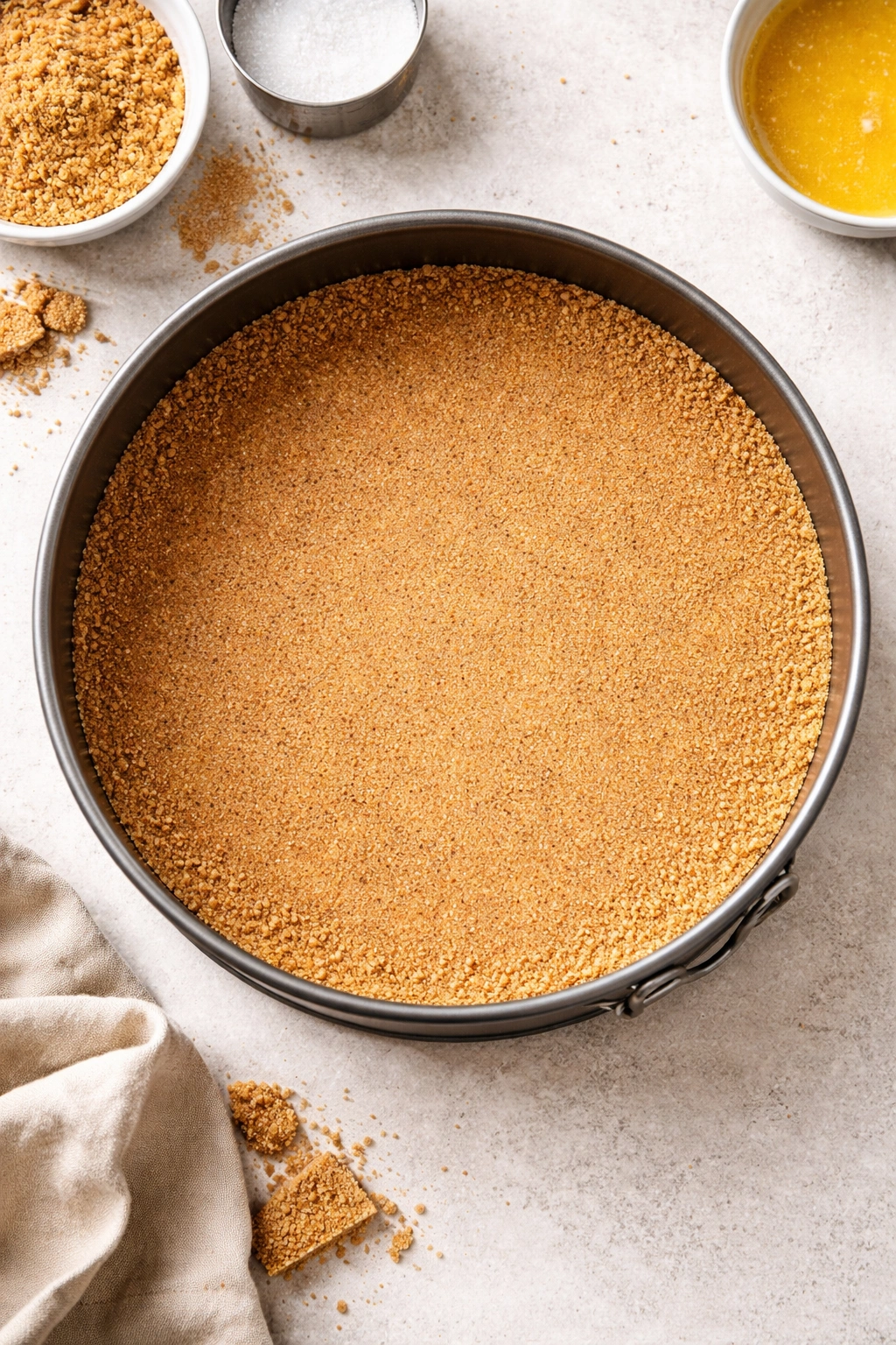 Top-down view of an evenly pressed crumb crust in a round pan