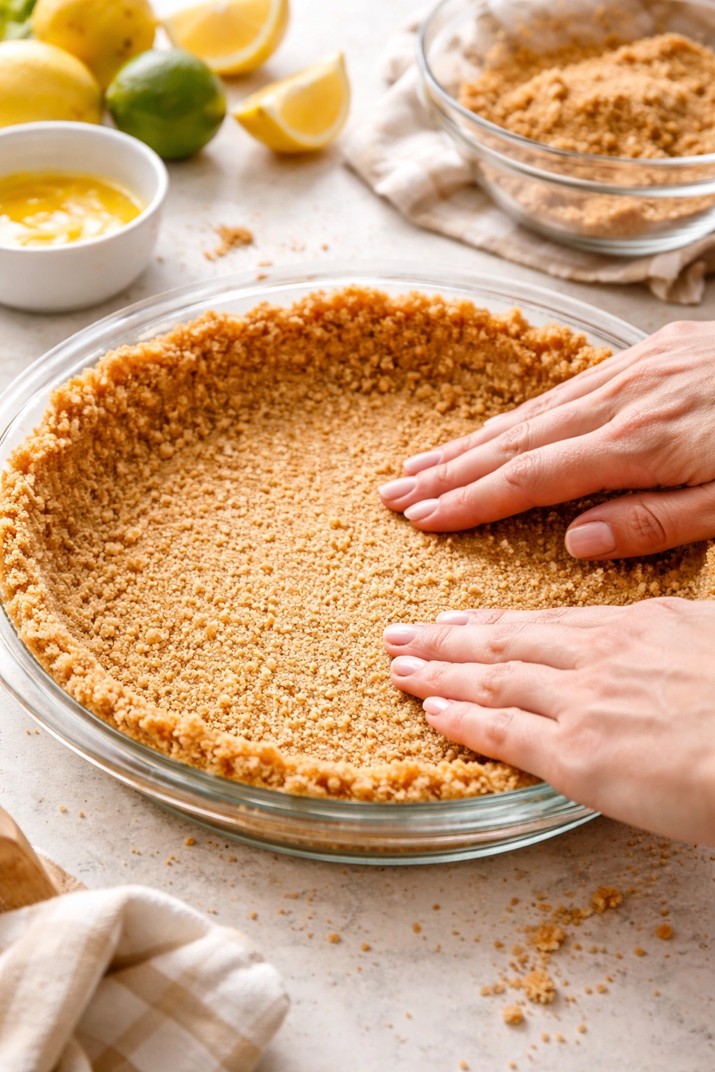 Hands pressing crust into pie dish for no-bake crust