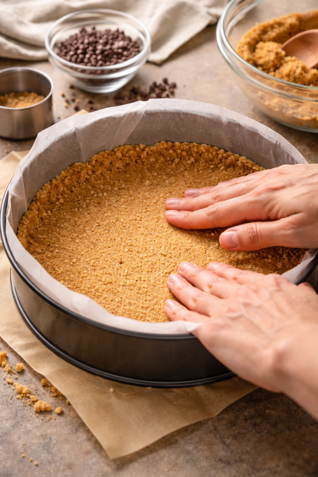 Hands pressing cookie crust into a lined springform pan.