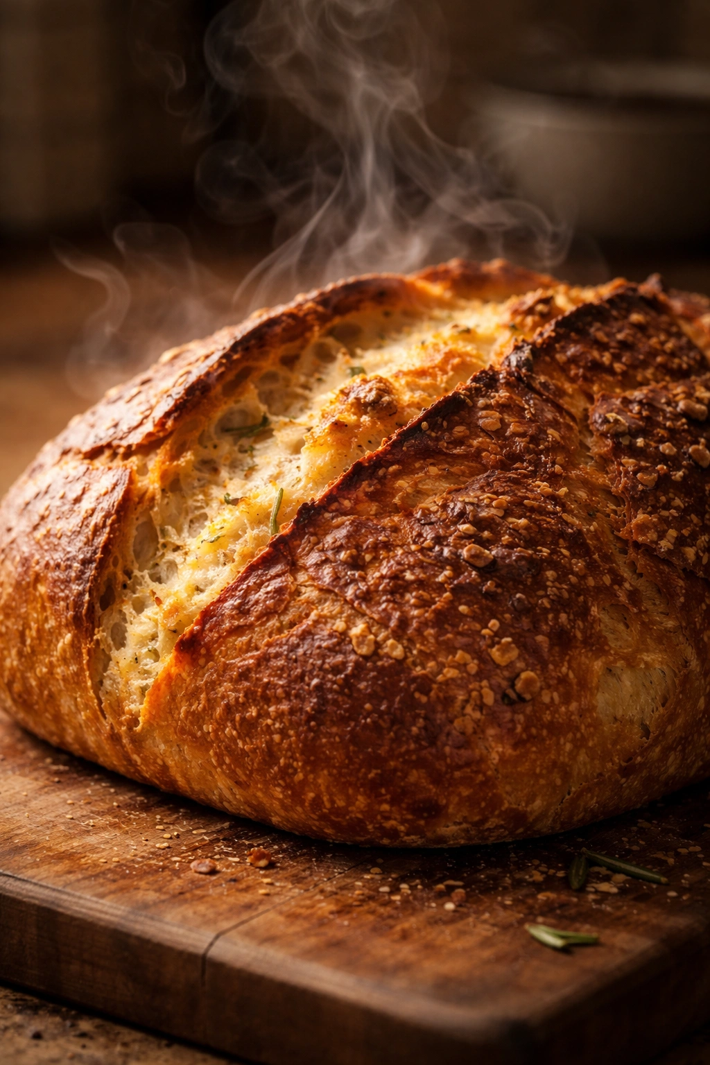 Crackled loaf crust with steam in a kitchen setting