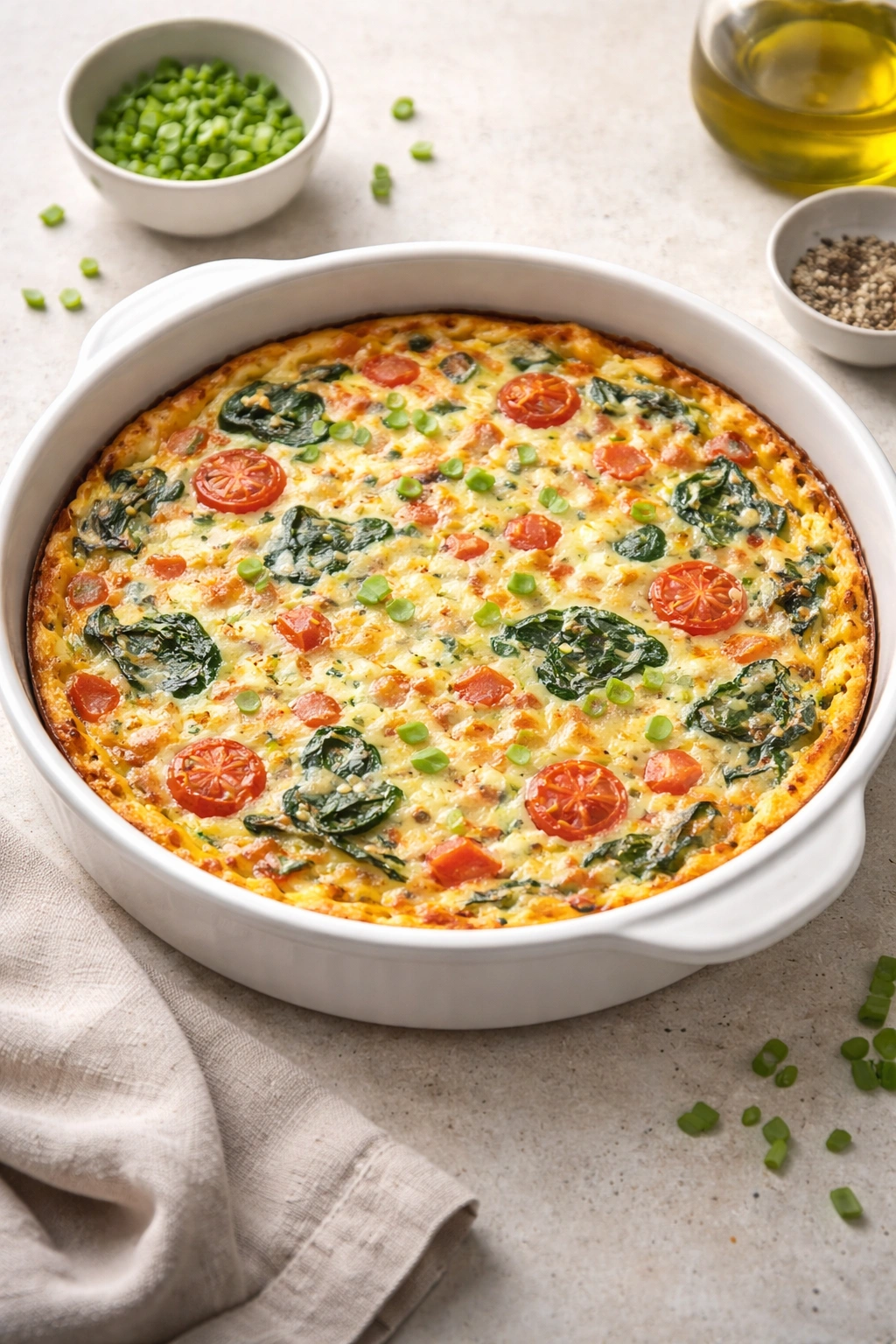 Crustless quiche in a round dish