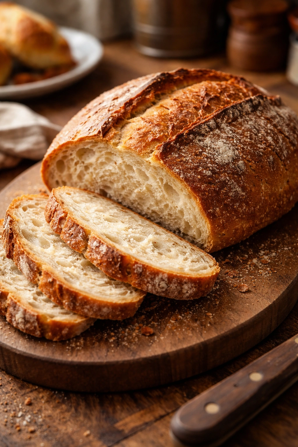 Crusty loaf with sliced pieces on a wooden board