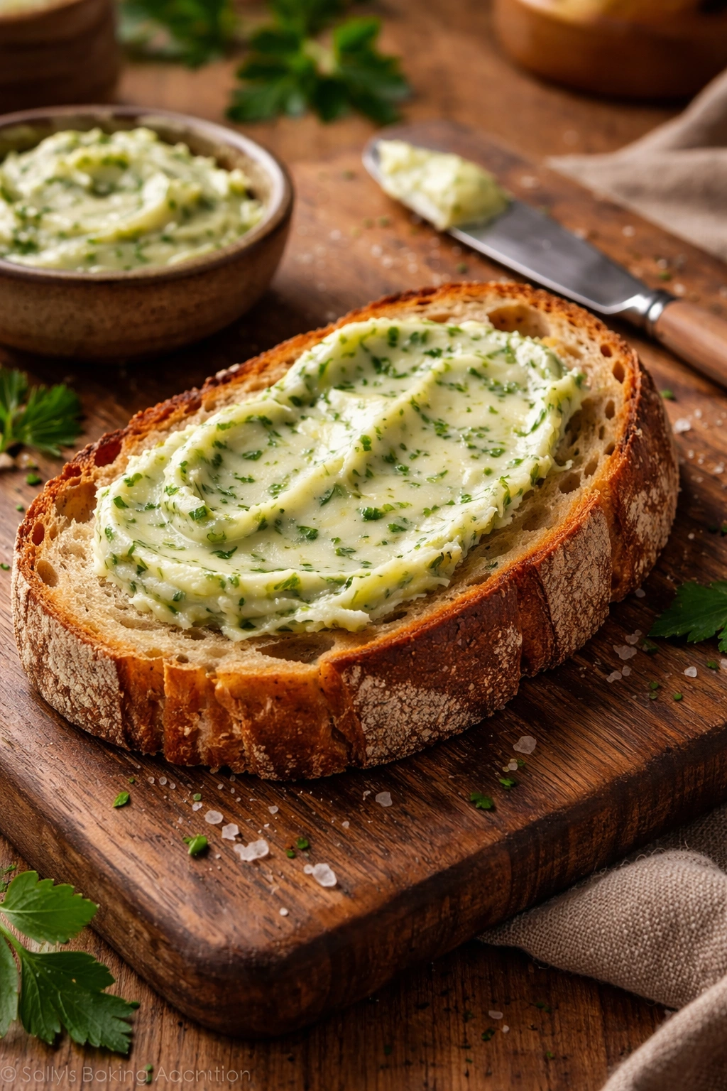 Crusty bread slice with herb butter on a wooden board