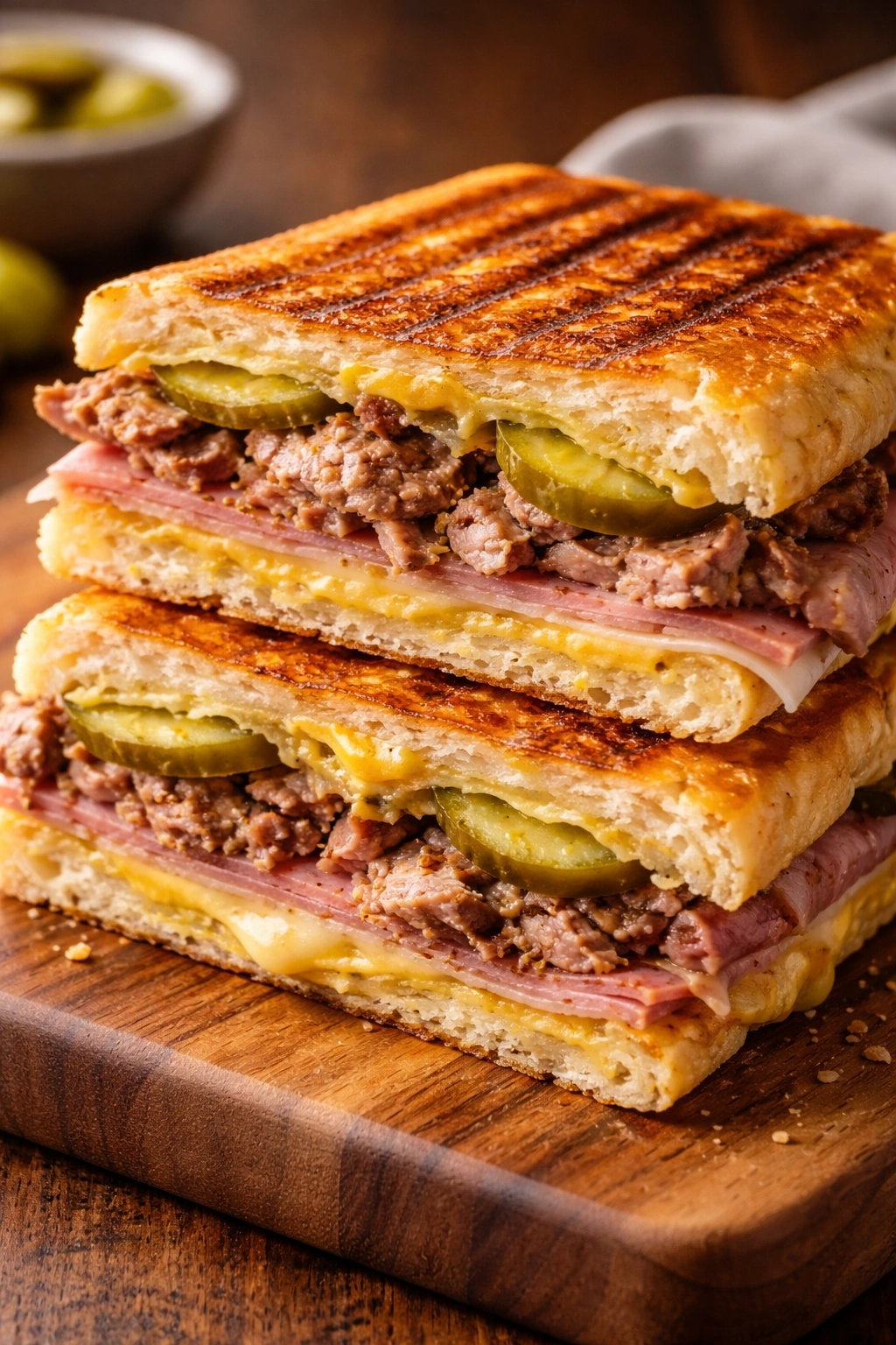 Cuban sandwich with pickled pork on pressed crust