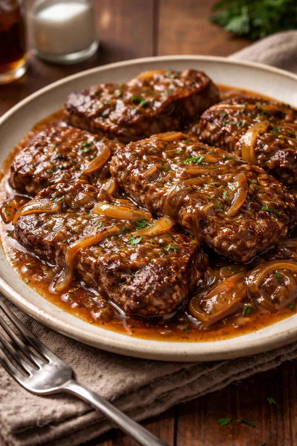 Close-up of cube steaks in brown gravy on a rustic plate