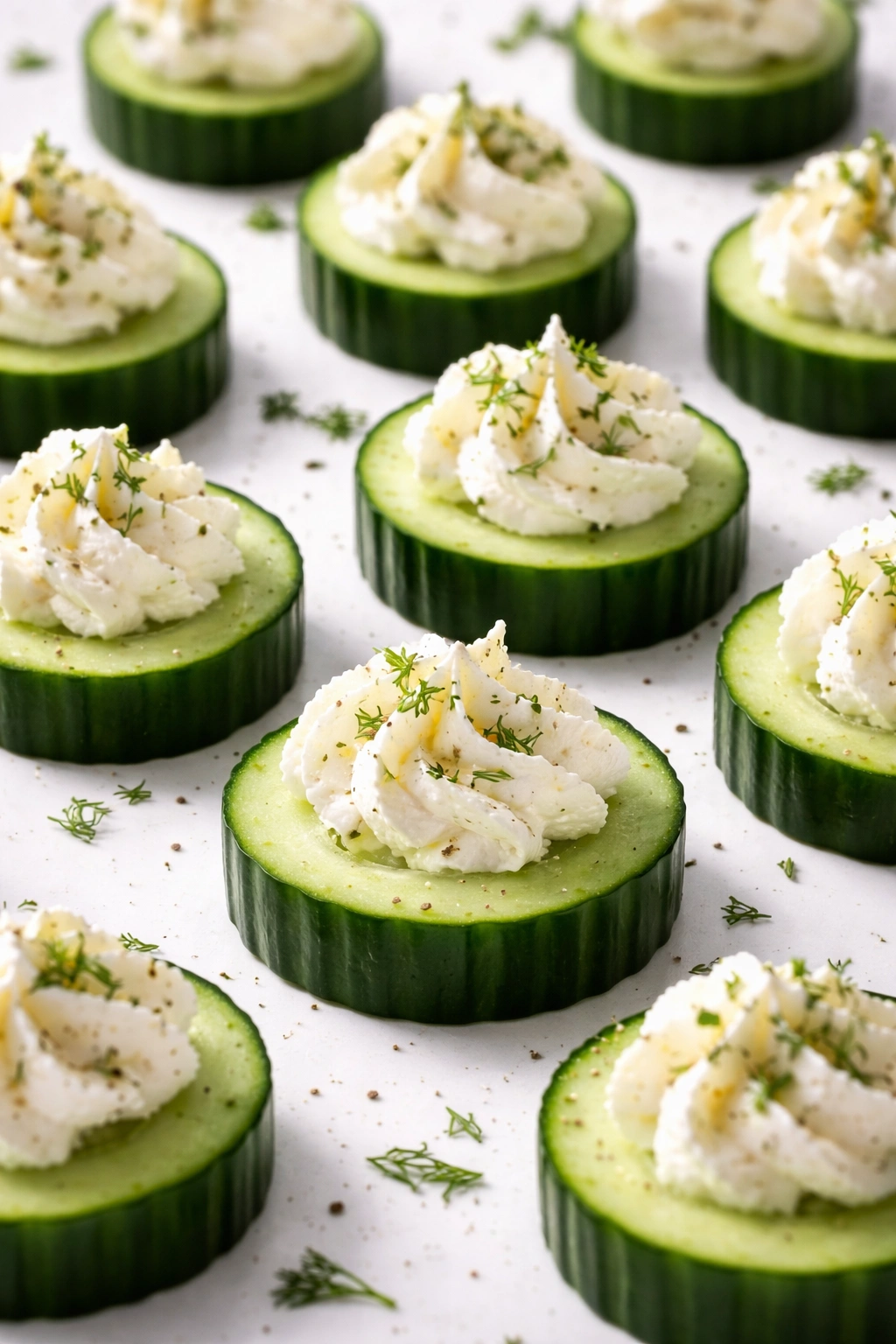 Cucumber slices with cream cheese topping on a clean surface