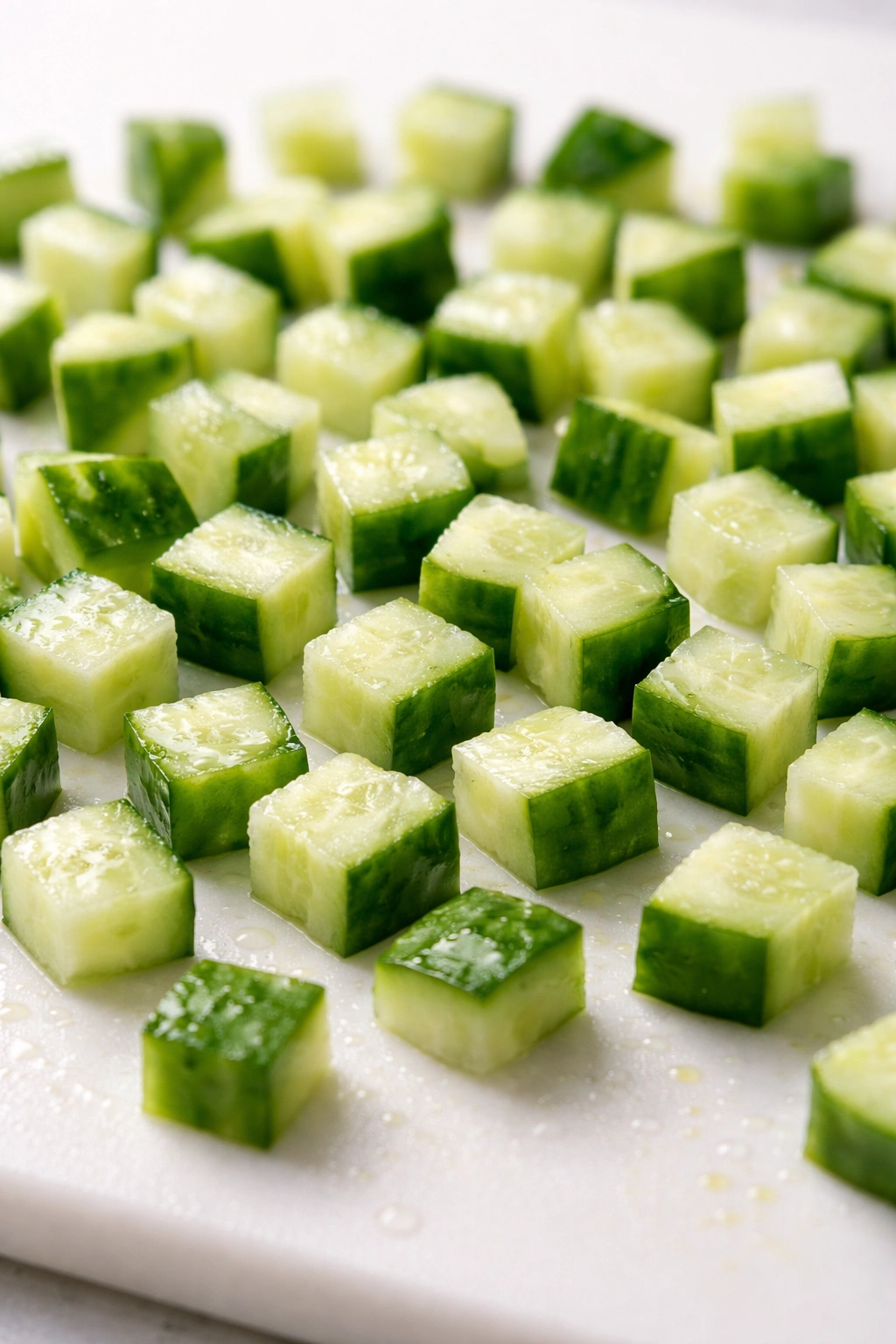 Neatly arranged cucumber cubes highlighting small pieces to reduce burping