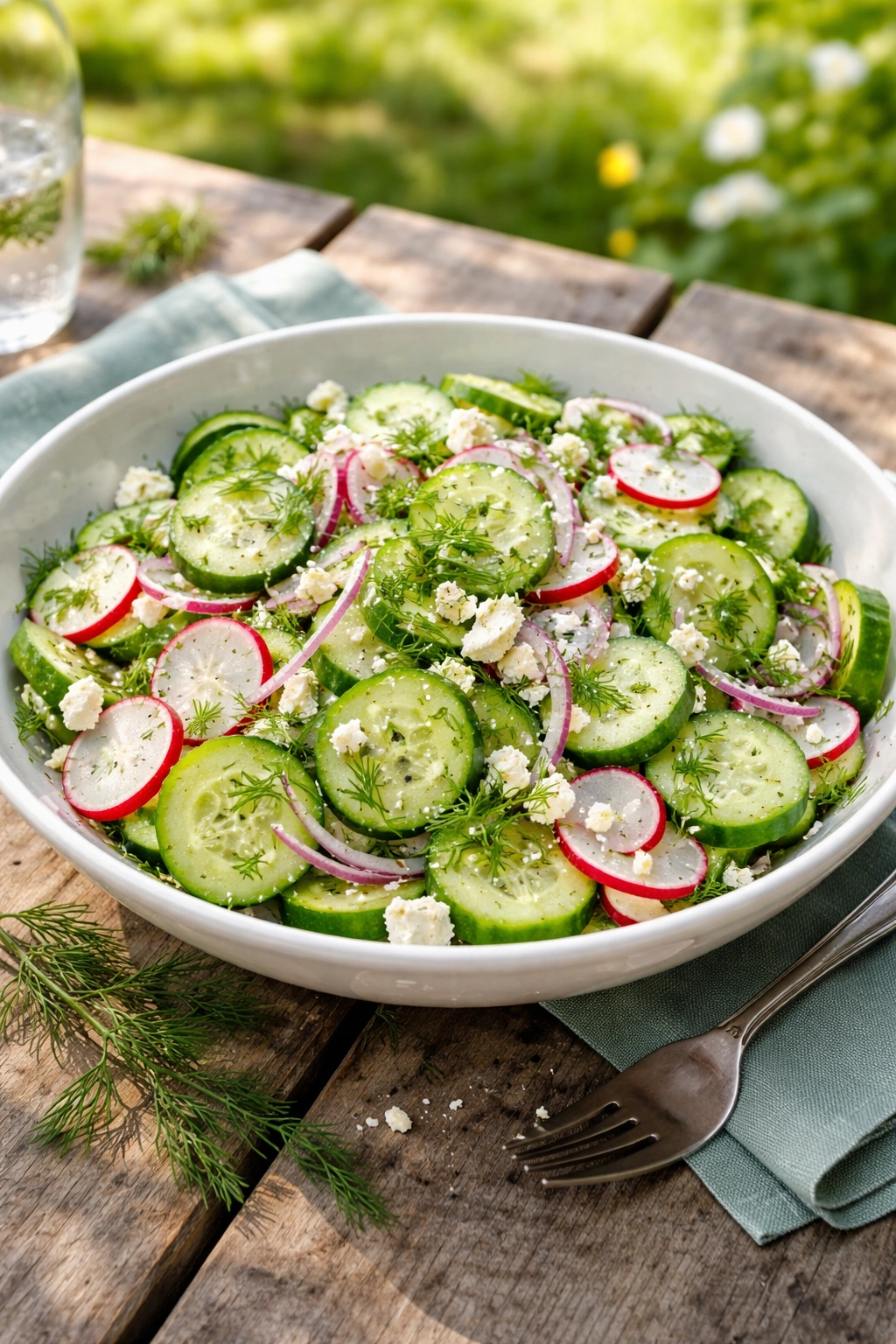 Cucumber salad with radish, red onion, feta, and dill on a bright table.