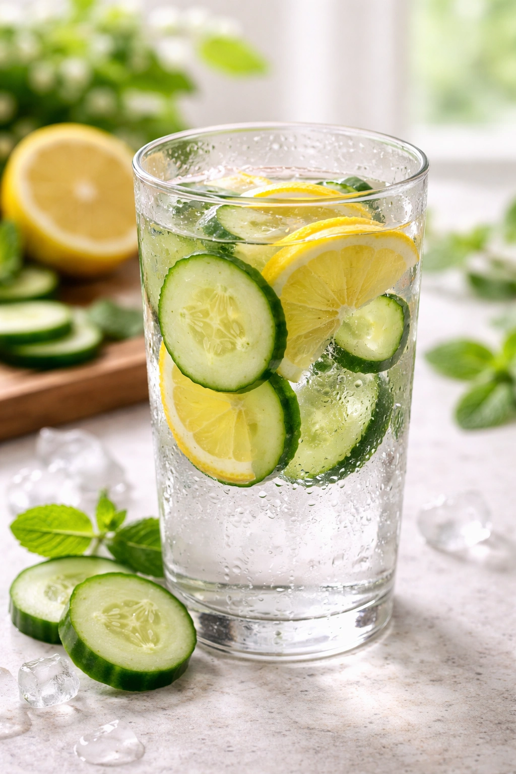 Clear glass of cucumber lemon water with cucumber slices and lemon slices