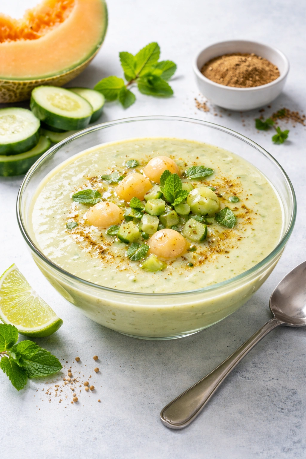 Creamy cucumber and melon soup in glass bowl with spice dusting