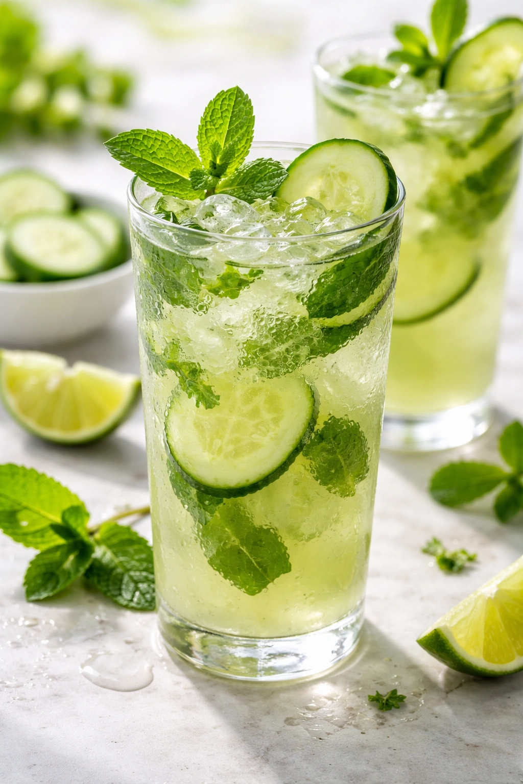 Pale green cucumber mint cooler with muddled mint and cucumber in glass