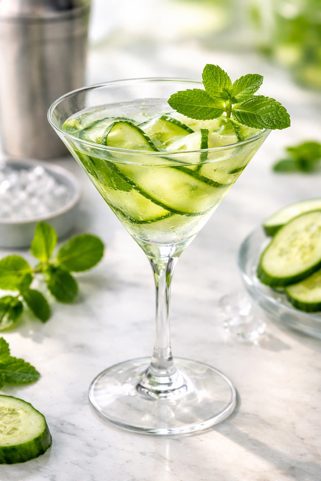Cucumber and mint martini with cucumber slices and mint in a clear glass.