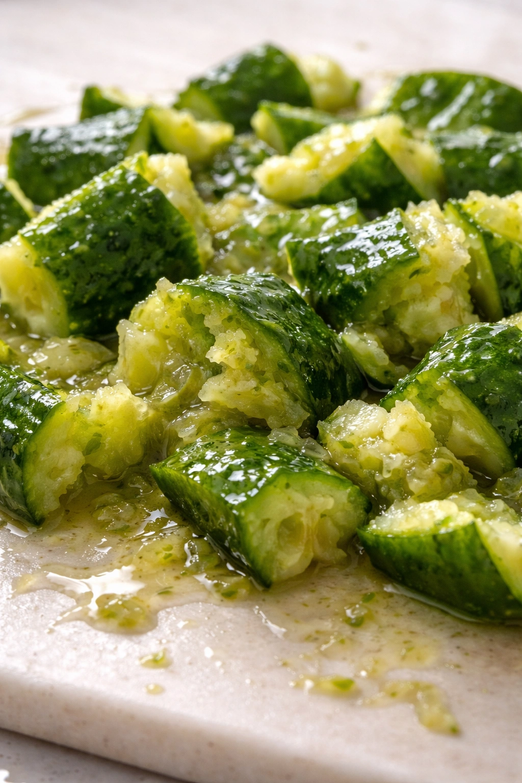 Macro view of cucumber pieces showing mushy and uneven textures from over-smashing