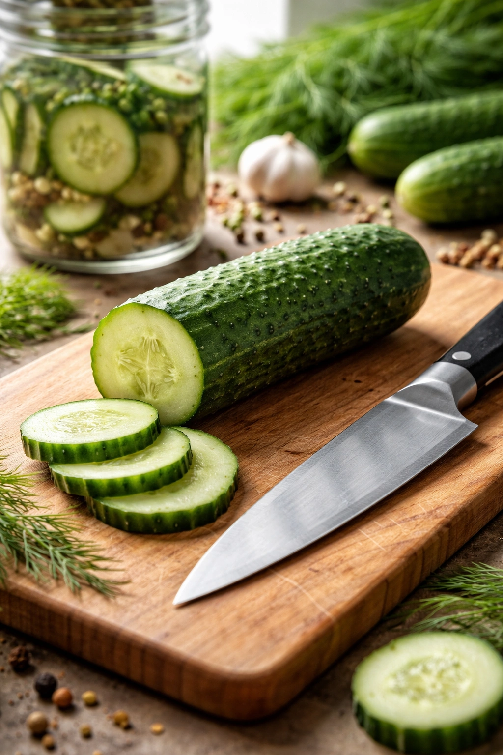 Fresh cucumber on cutting board ready for pickling