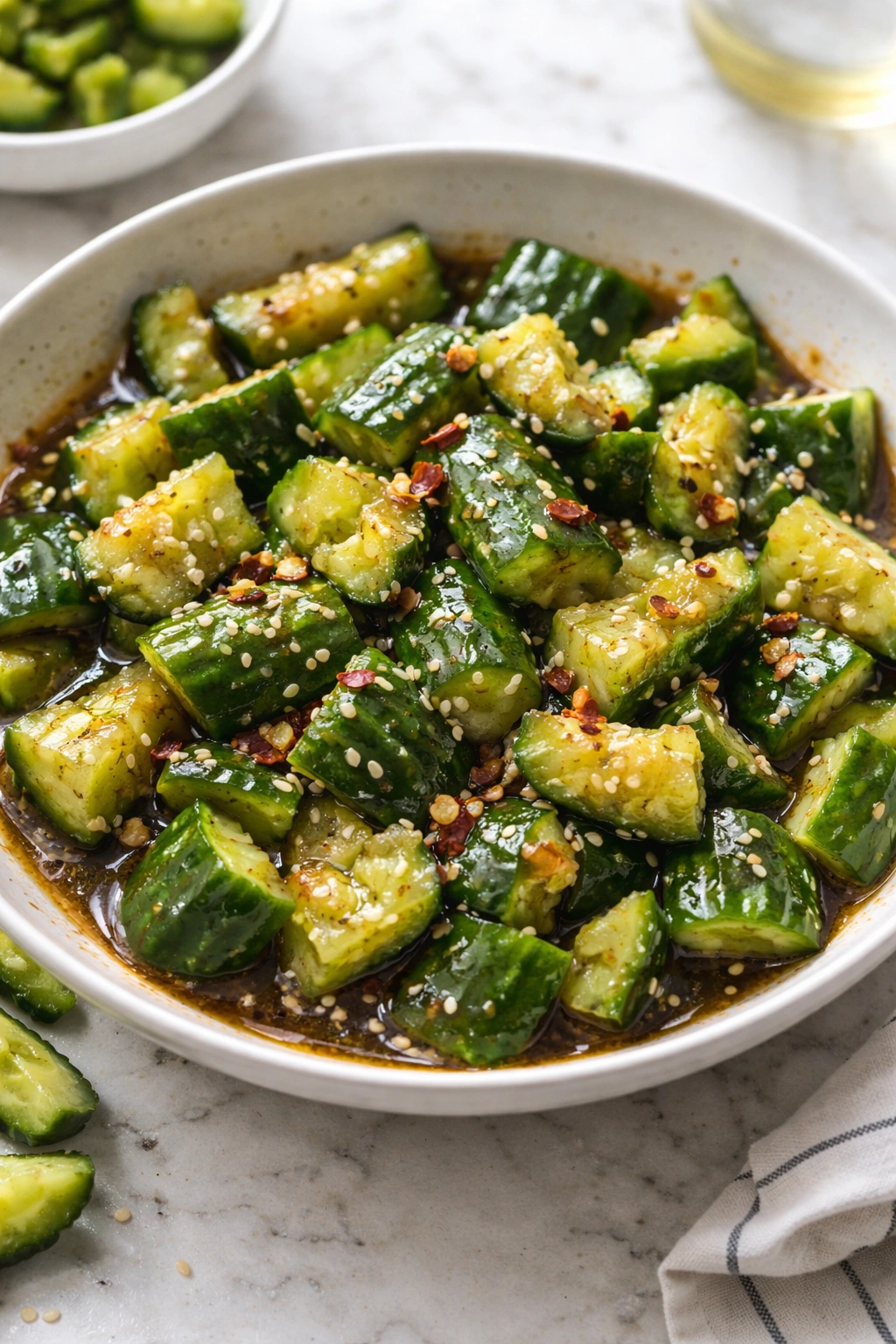 Close-up of smashed cucumber salad with glossy dressing on marble countertop