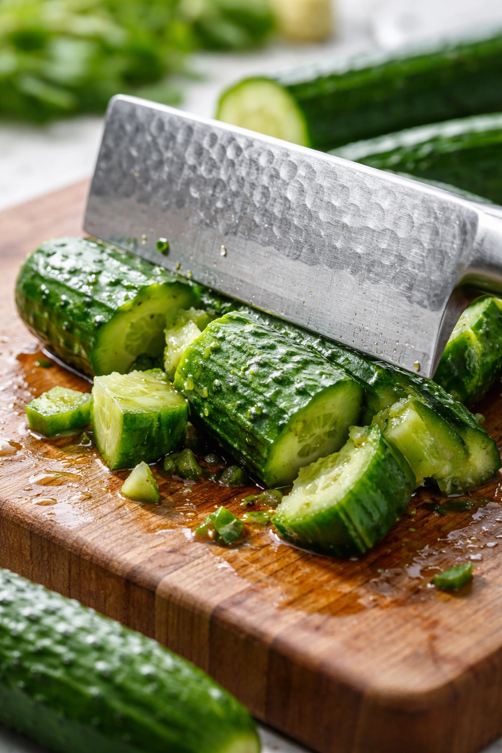Close-up of cucumber being smashed on a wooden cutting board for smashed cucumber salad